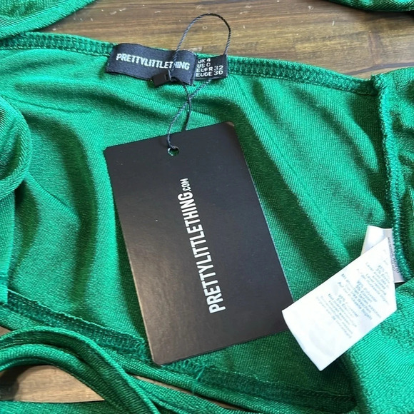 PLT PrettyLittlething Green Cross Over Halter Neck Acetate Slinky Crop Top 0 - Picture 5 of 7